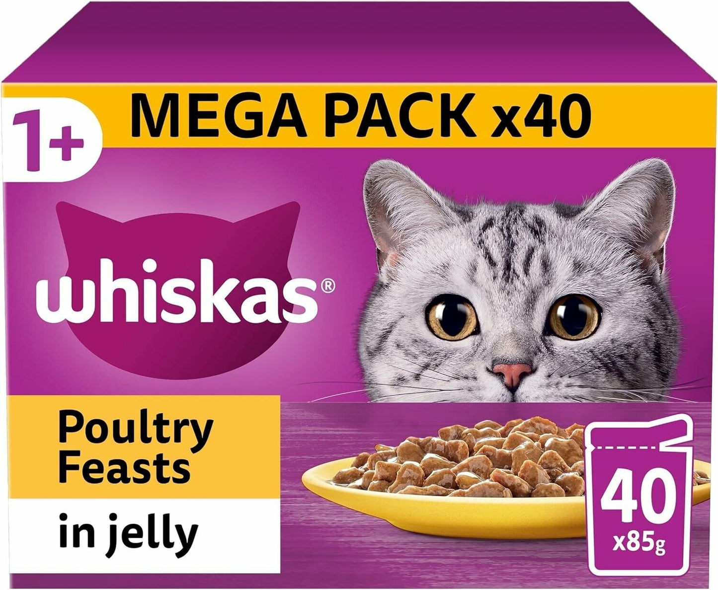 Whiskas Poultry Adult Wet Cat Food in Jelly Pouches 1+,40 x 85g