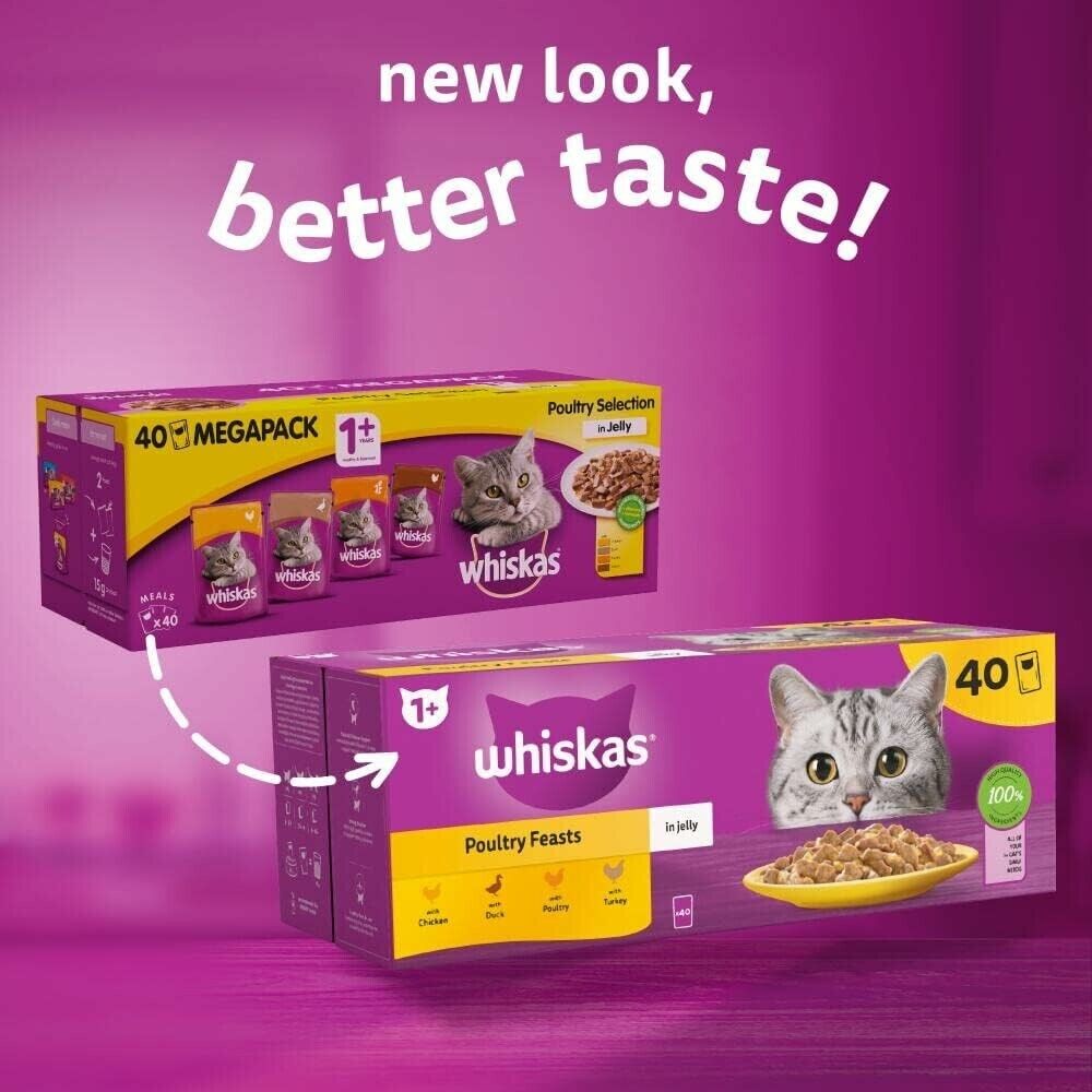 Whiskas Poultry Adult Wet Cat Food in Jelly Pouches 1+,40 x 85g