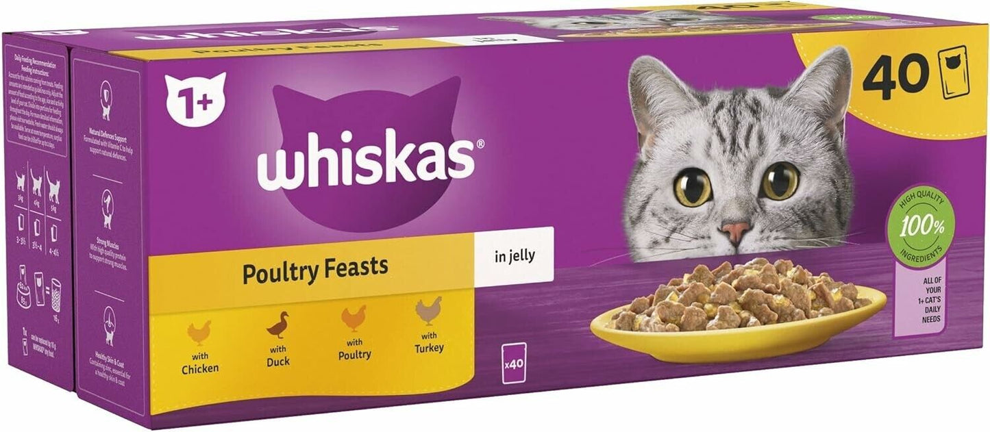 Whiskas Poultry Adult Wet Cat Food in Jelly Pouches 1+,40 x 85g