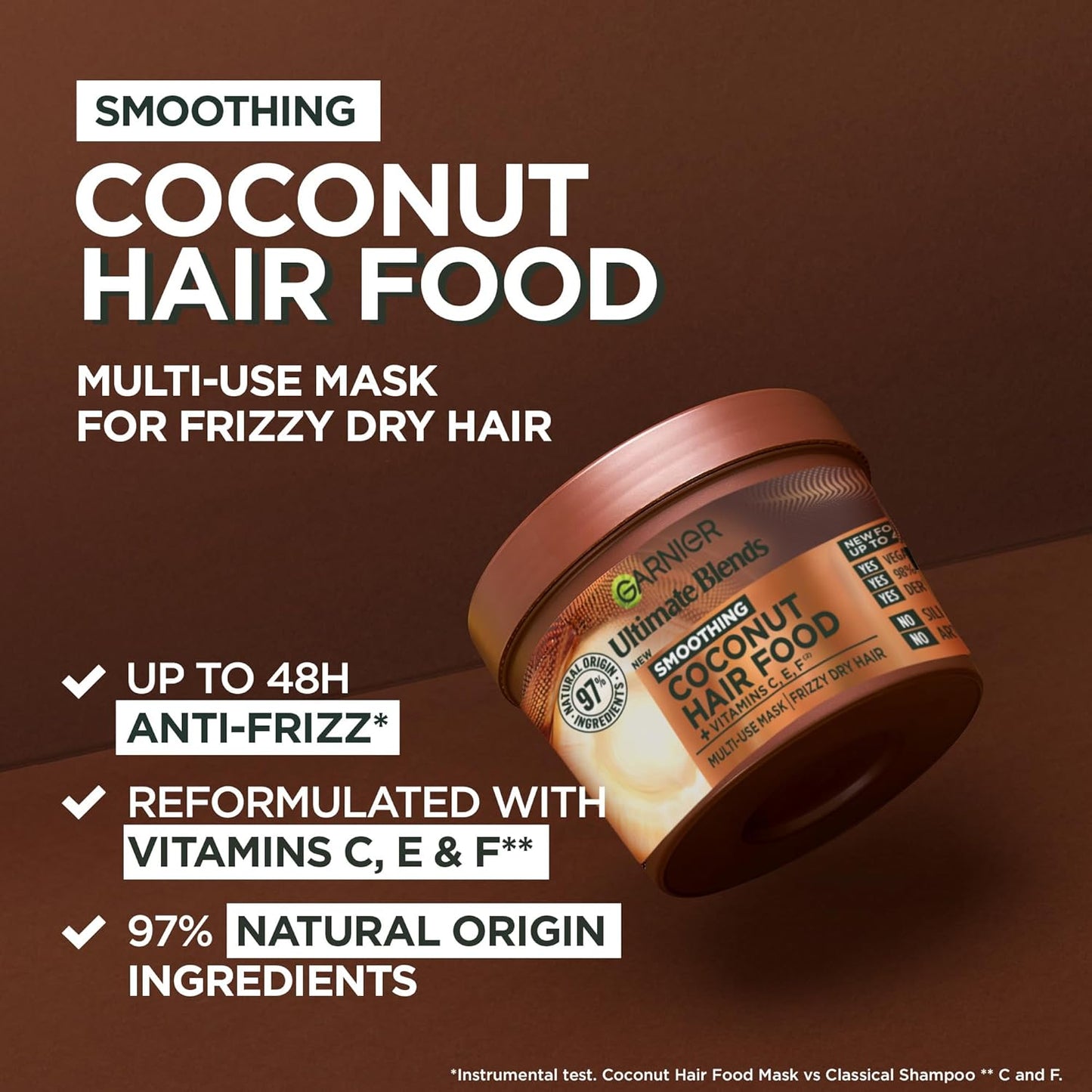 Garnier Hair Food 3-in-1 Hair Treatment Mask, Smooths and Nourishes, For Frizzy & Curly Hair, No Silicones, Vegan Formula, Coconut Oil, Ultimate Blends, 400ml (Packing and Ingredients may vary)