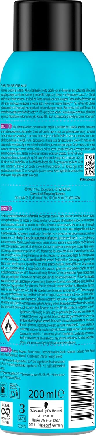 got2b Fresh It Up, No Rinse Spray to Refresh Hair in Between Washes, No White Residue, Dry Shampoo, Extra Volume 200ml