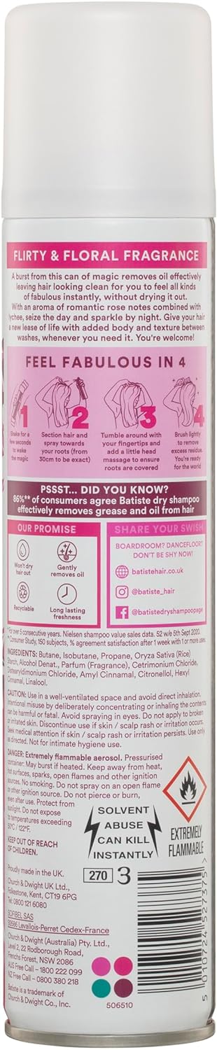 Batiste Dry Shampoo in Blush 200ml,Floral&Flirty Fragrance,No Rinse Spray