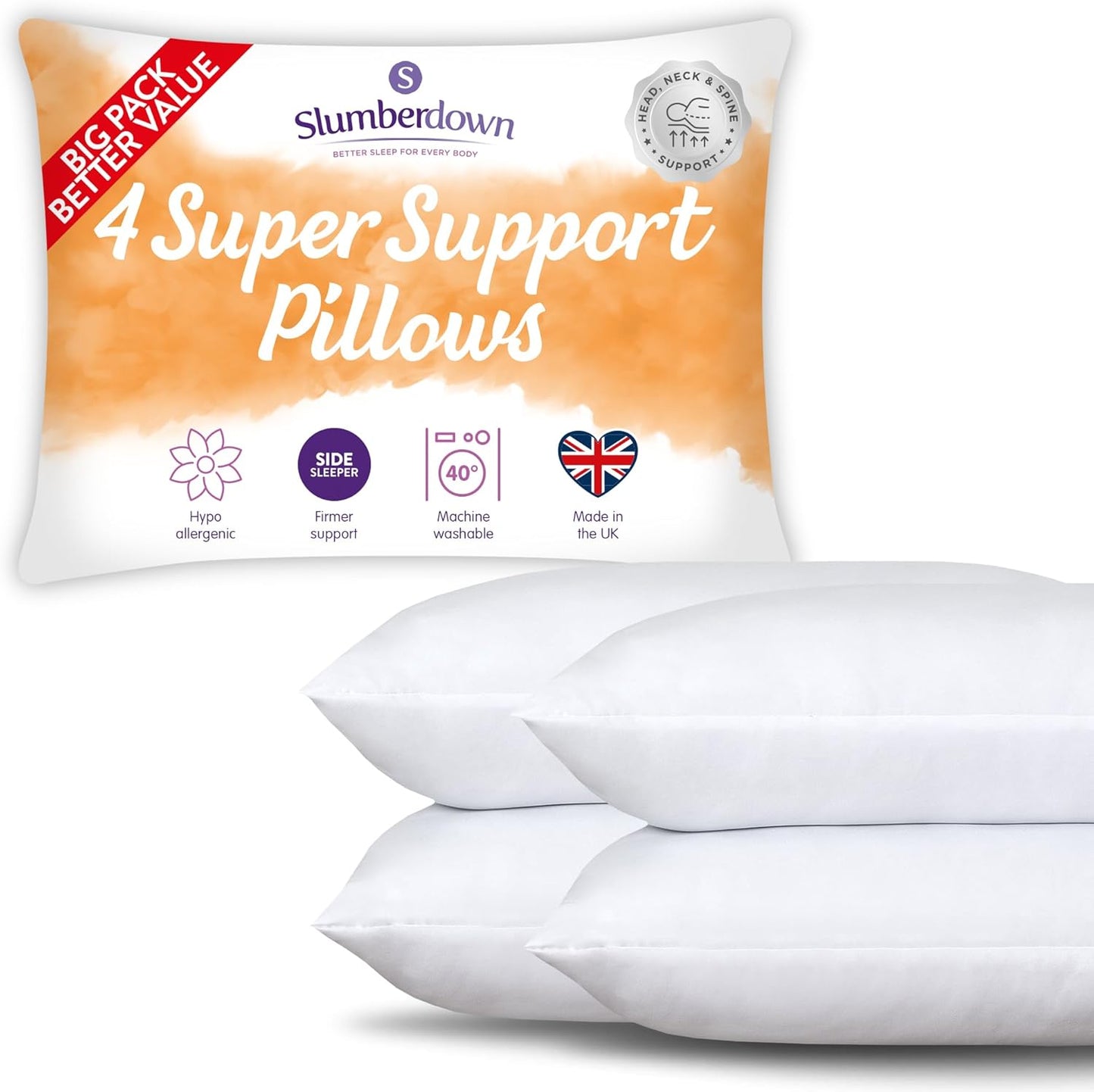 Slumberdown Super Support Pillows 2 Pack - Firm & Supportive Pillow for Side Sleepers, Reduces Neck & Shoulder Pain | Foam Block, UK-Made, Non-Allergenic & Washable (48 x 74cm)