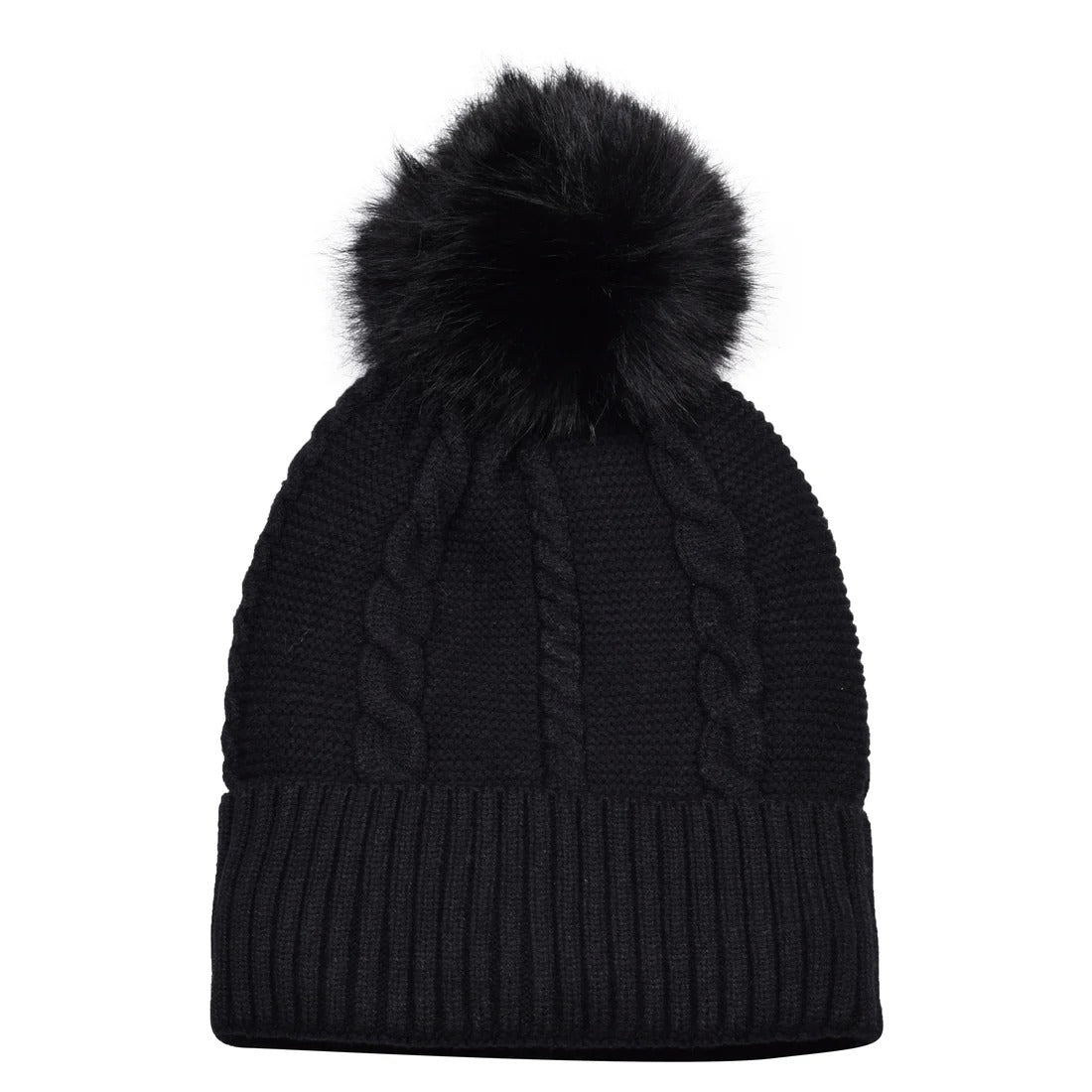 Beanie Classic Cable Knit Pompom Hat with Luxury Fur Lining