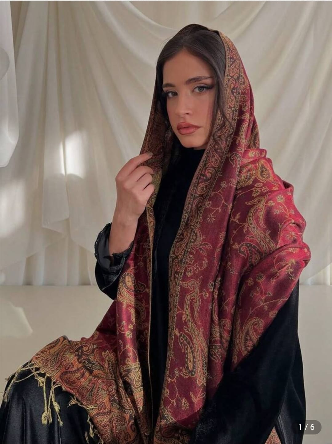 Women Paisley Pattern Embroidered Scarf With Tassels, Bohemian Vintage Style Comfortable Long Shawl, Suitable For Daily Wear, Fall / Winter