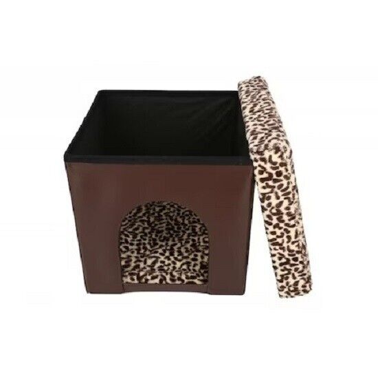 Stool with storage space ecological leather and animal burrow 38x38x38 cm,brown