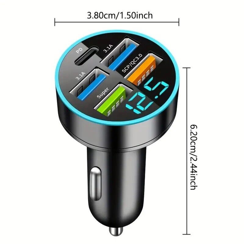 Car Charger 5 Ports USB PD QC3.0 Fast Charging Intelligent Phone Charging Voltag