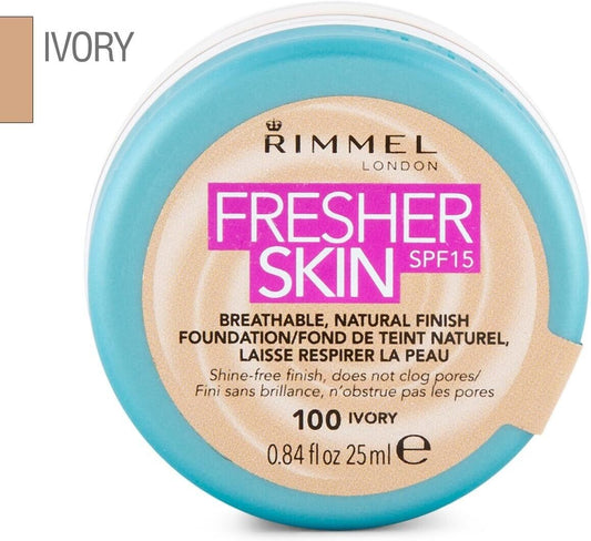 Rimmel London Fresher Skin Foundation,100 Ivory,SPF 15,25 ML,by luxeemporium