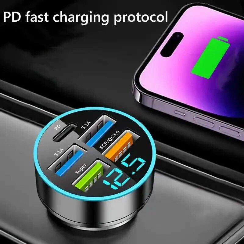 Car Charger 5 Ports USB PD QC3.0 Fast Charging Intelligent Phone Charging Voltag