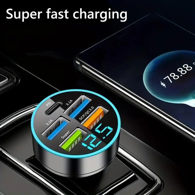 Car Charger 5 Ports USB PD QC3.0 Fast Charging Intelligent Phone Charging Voltag