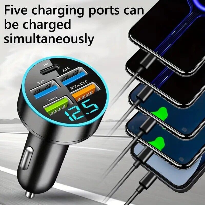 Car Charger 5 Ports USB PD QC3.0 Fast Charging Intelligent Phone Charging Voltag