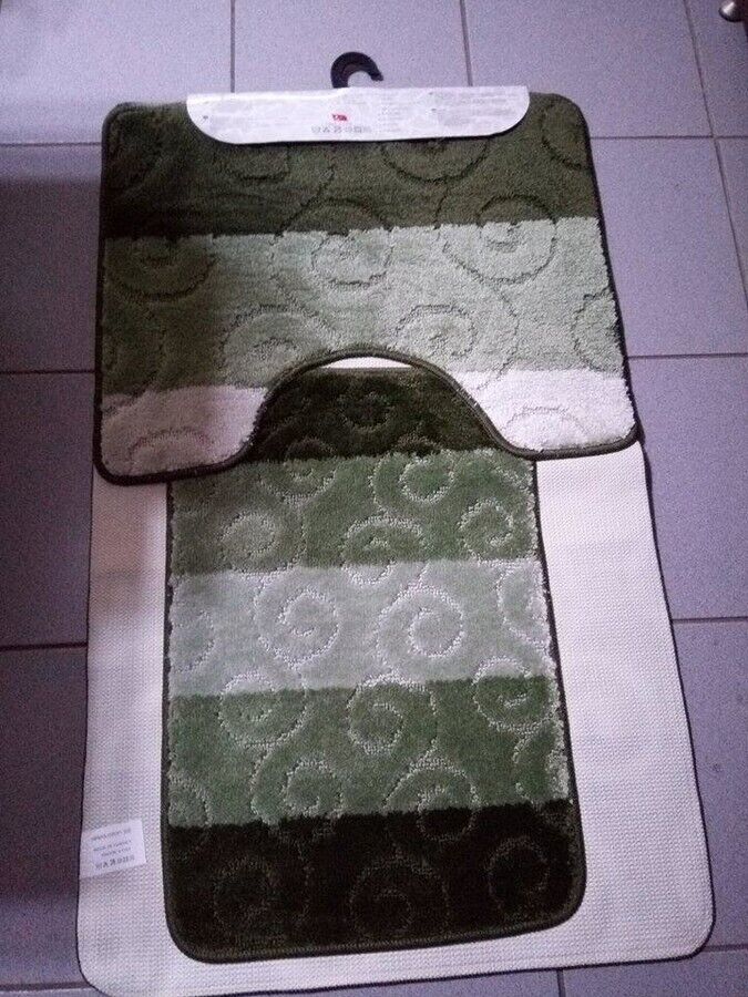 3 Pcs Non Slip Bathroom Mat Set, Deco Home,Green/White stripes, 60x100 cm