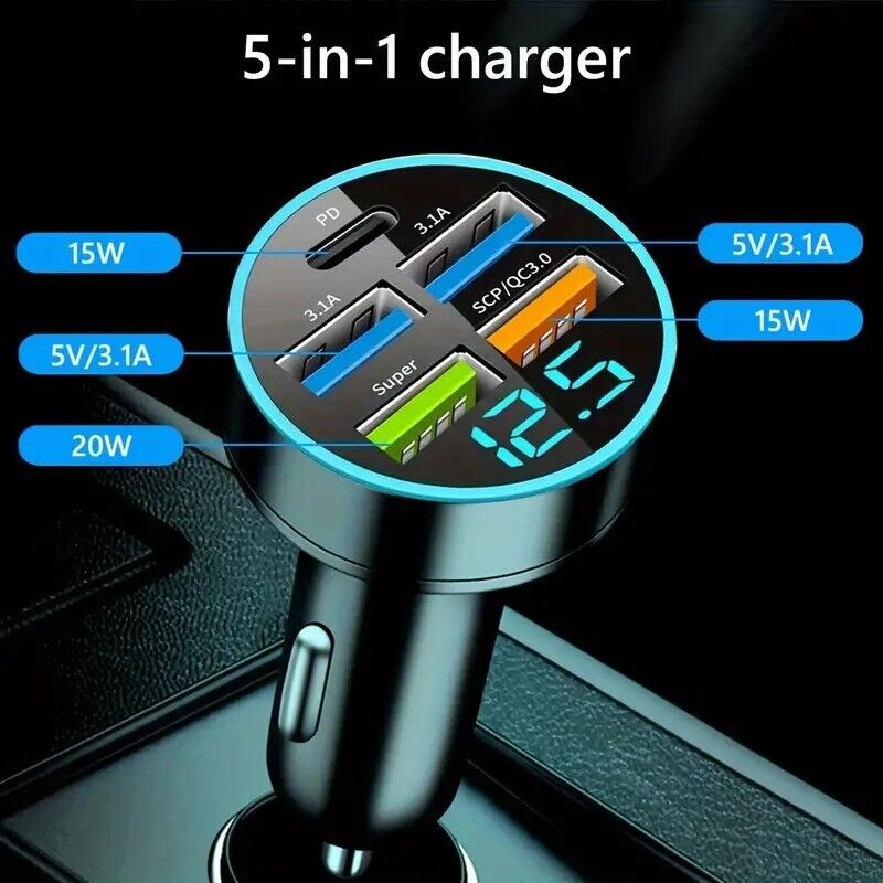 Car Charger 5 Ports USB PD QC3.0 Fast Charging Intelligent Phone Charging Voltag