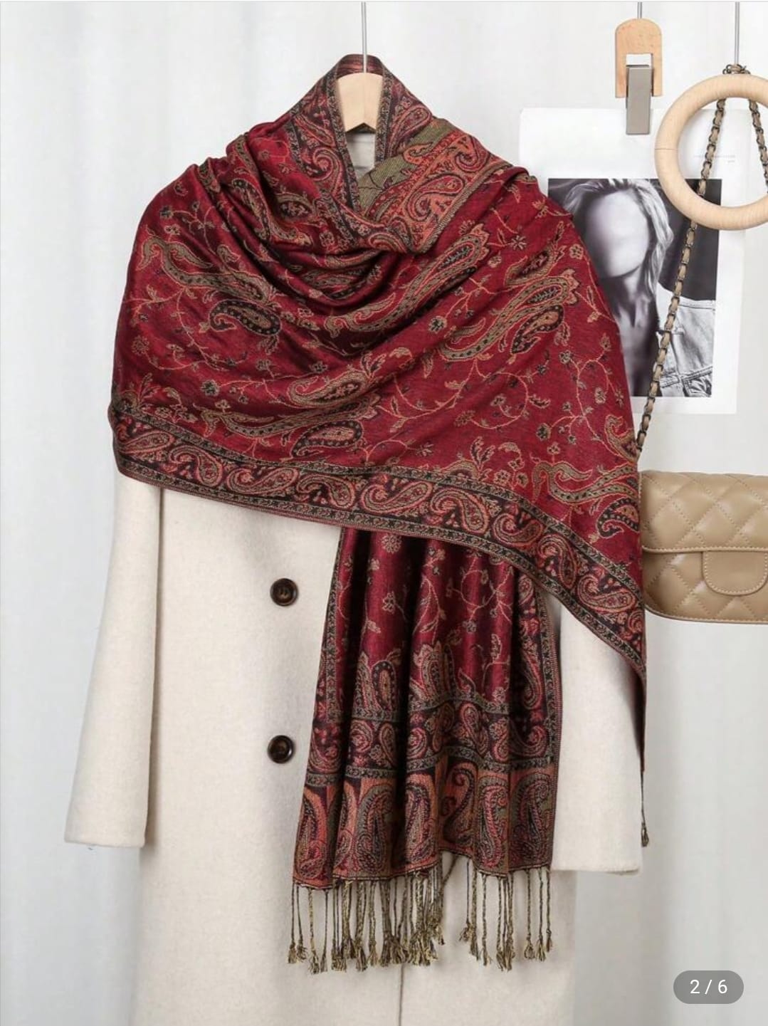 Women Paisley Pattern Embroidered Scarf With Tassels, Bohemian Vintage Style Comfortable Long Shawl, Suitable For Daily Wear, Fall / Winter