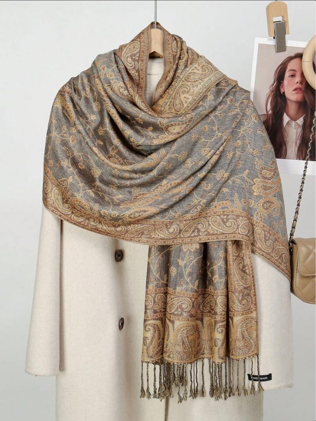 Women Paisley Pattern Embroidered Scarf With Tassels, Bohemian Vintage Style Comfortable Long Shawl, Suitable For Daily Wear, Fall / Winter