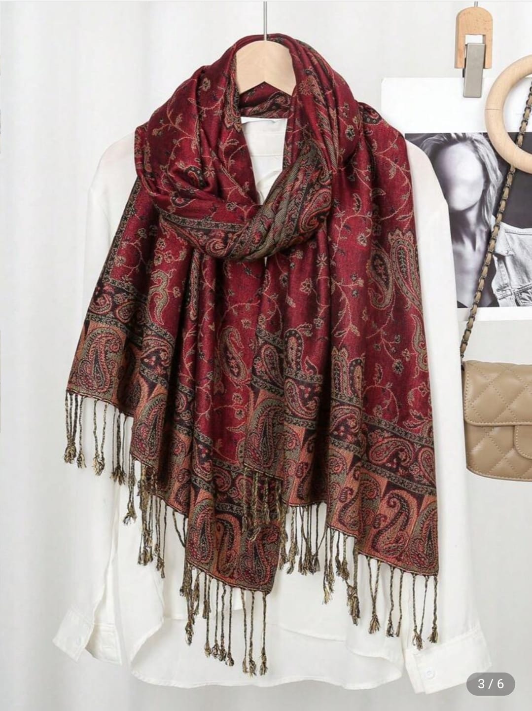 Women Paisley Pattern Embroidered Scarf With Tassels, Bohemian Vintage Style Comfortable Long Shawl, Suitable For Daily Wear, Fall / Winter