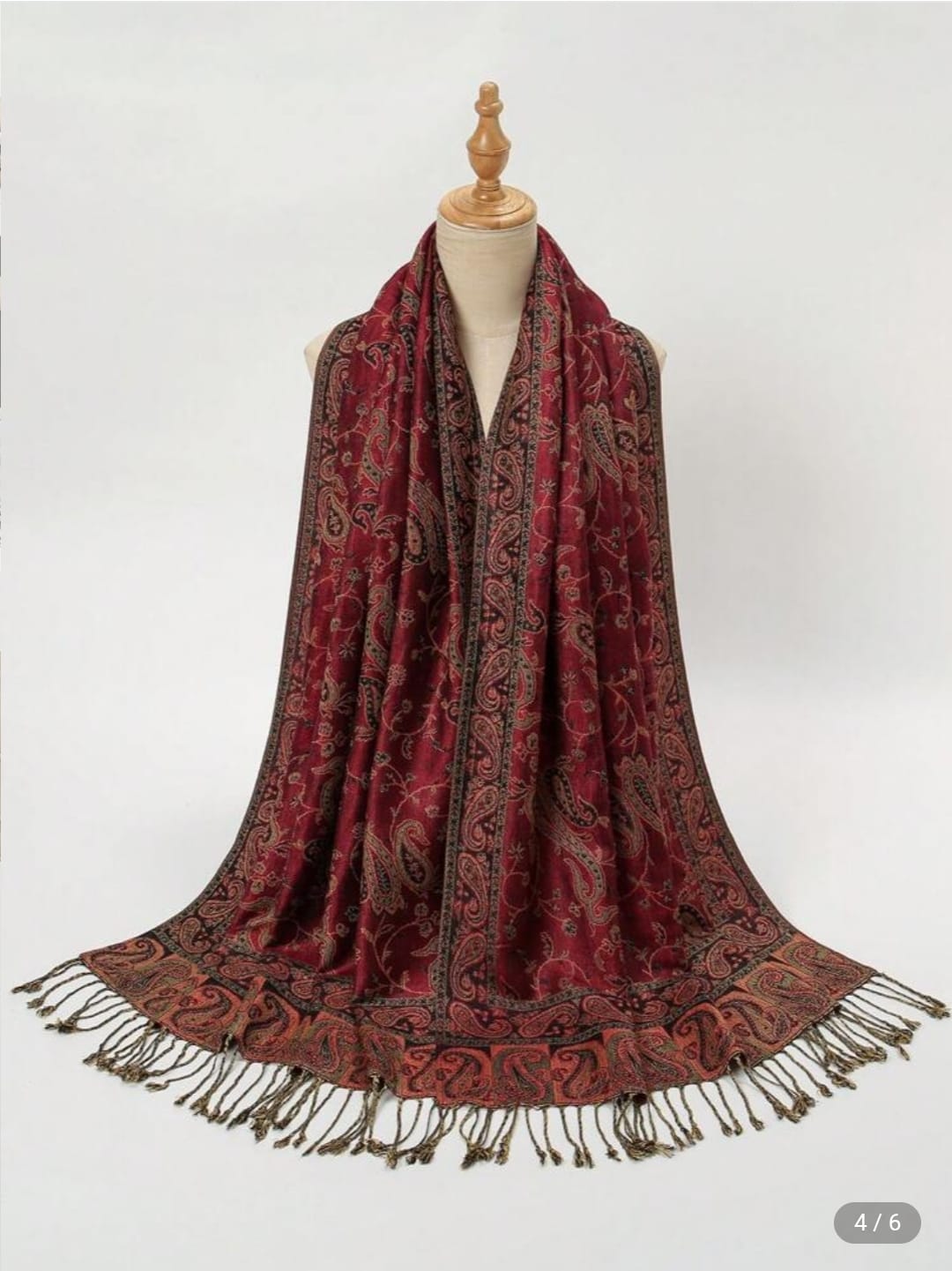 Women Paisley Pattern Embroidered Scarf With Tassels, Bohemian Vintage Style Comfortable Long Shawl, Suitable For Daily Wear, Fall / Winter