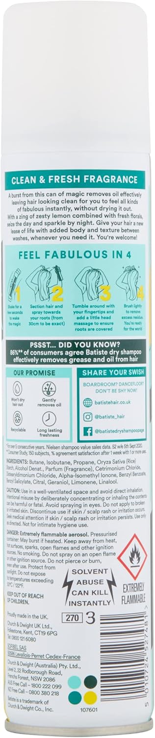 Batiste Dry Shampoo Original 200ml,Fresh&Clean Fragrance,No Rinse ,200 ml