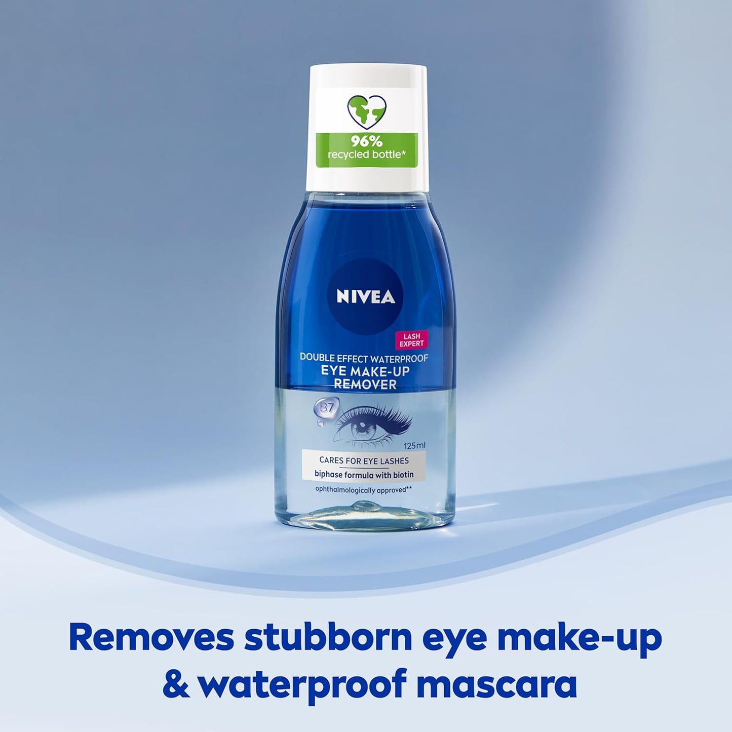 NIVEA Double Effect Waterproof Eye Make-Up Remover (125 ml), Daily Use Face Cleanser with Cornflower Extract and Biotin