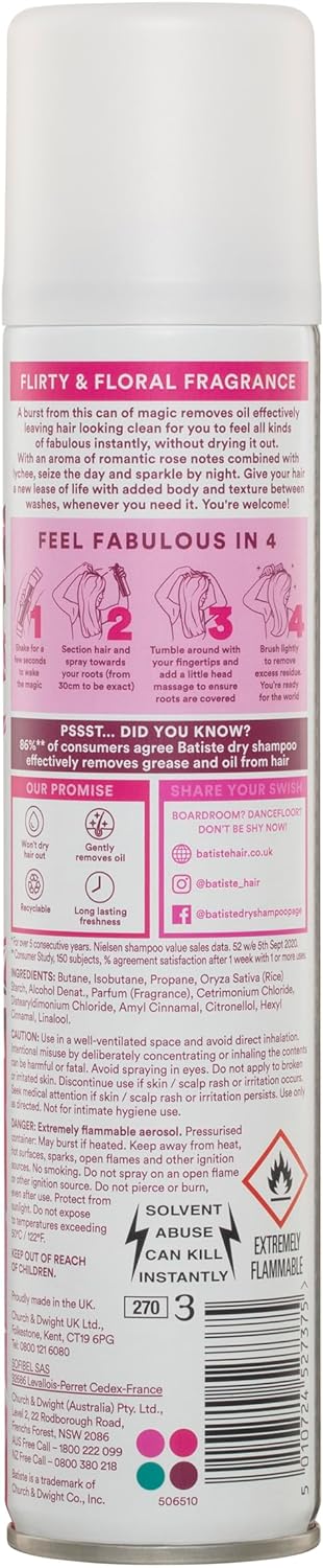 Batiste Dry Shampoo in Blush 200ml,Floral&Flirty Fragrance,No Rinse Spray