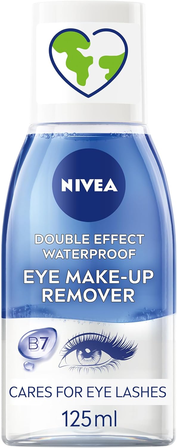 NIVEA Double Effect Waterproof Eye Make-Up Remover (125 ml), Daily Use Face Cleanser with Cornflower Extract and Biotin