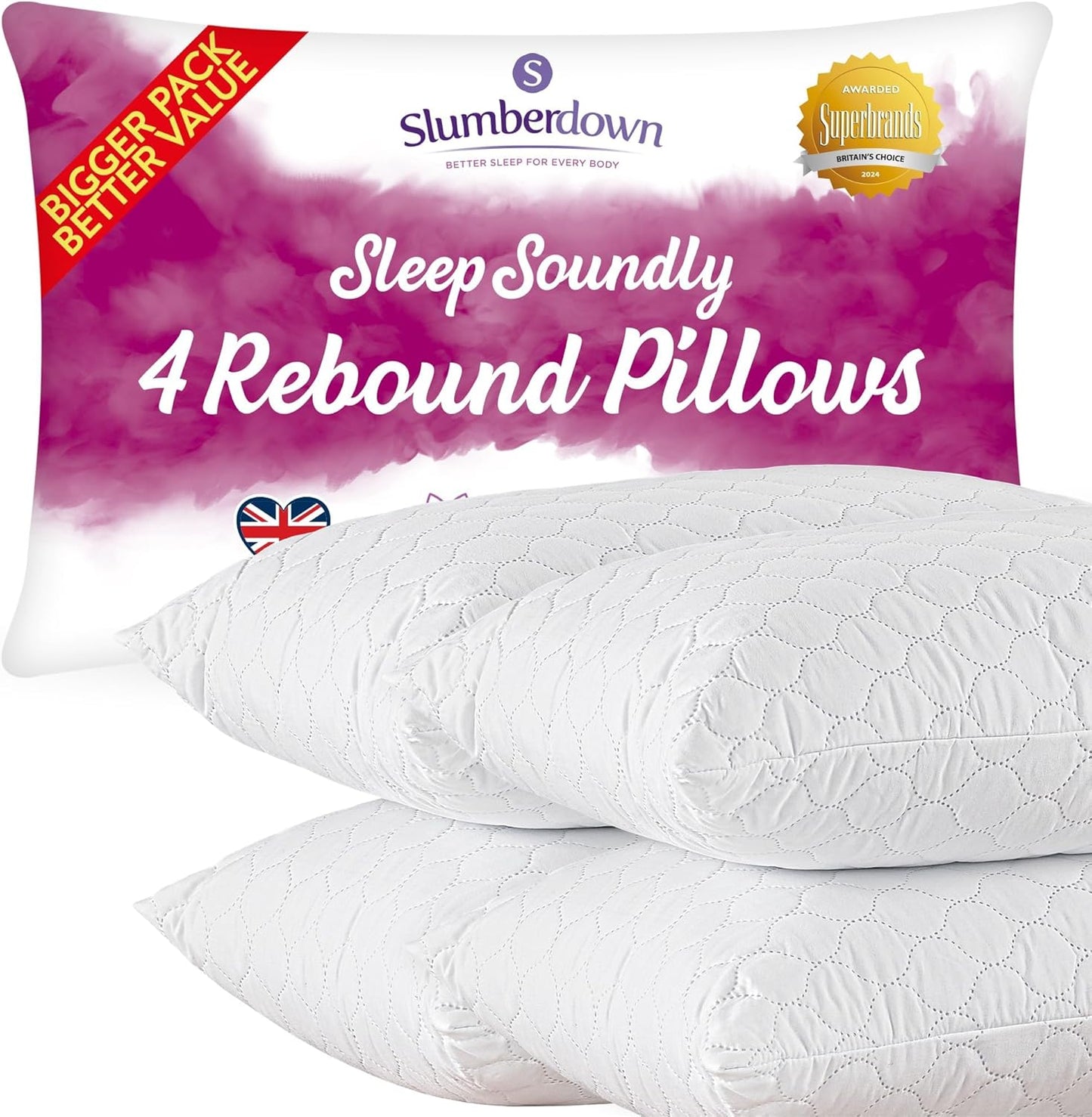 Slumberdown Pillows 4 Pack Hotel Quality – Firm, Plump Hypoallergenic Pillows for Back & Side Sleepers, Sleep Better. Feel Better