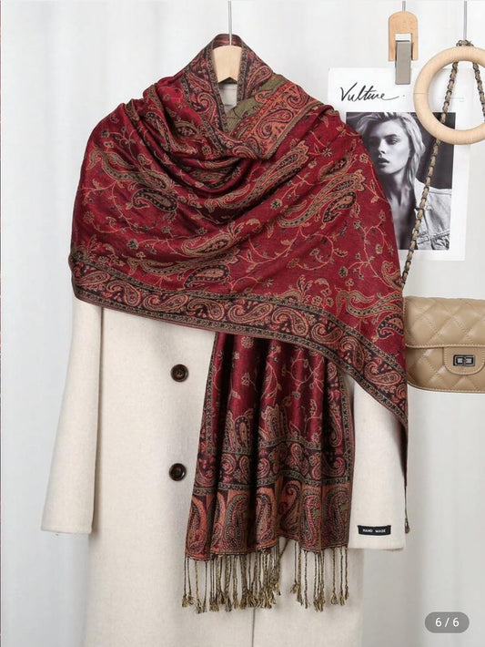 Women Paisley Pattern Embroidered Scarf With Tassels, Bohemian Vintage Style Comfortable Long Shawl, Suitable For Daily Wear, Fall / Winter